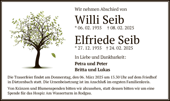 Todesanzeige von Willi und Elfriede Seib von OF