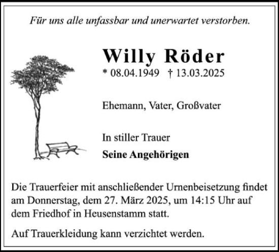 Todesanzeige von Willy Röder von OF