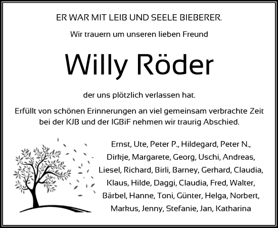 Todesanzeige von Willy Röder von OF