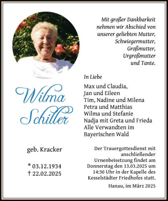 Todesanzeige von Wilma Schiller von OF