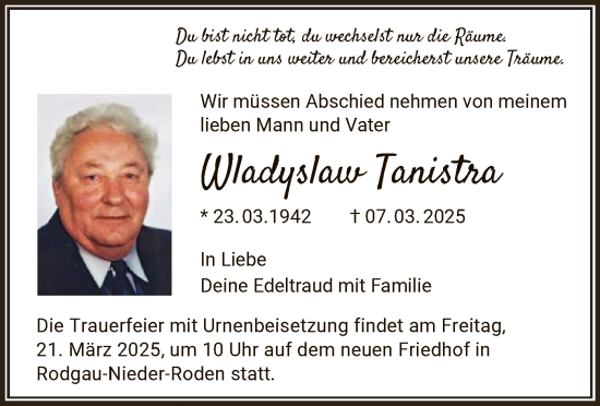 Todesanzeige von Wladyslaw Tanistra von OF
