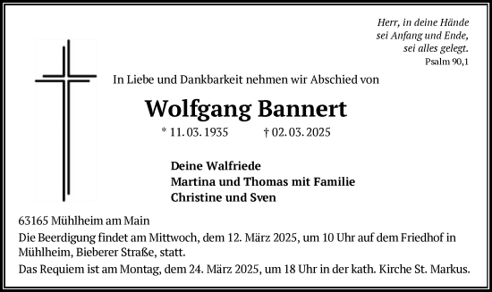 Todesanzeige von Wolfgang Bannert von OF