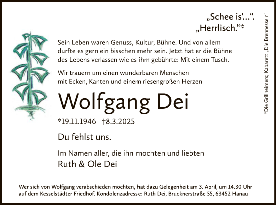 Todesanzeige von Wolfgang Dei von OF
