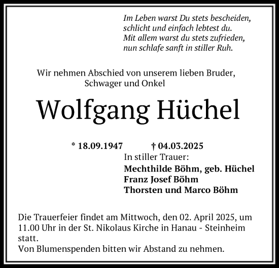 Todesanzeige von Wolfgang Hüchel von OF