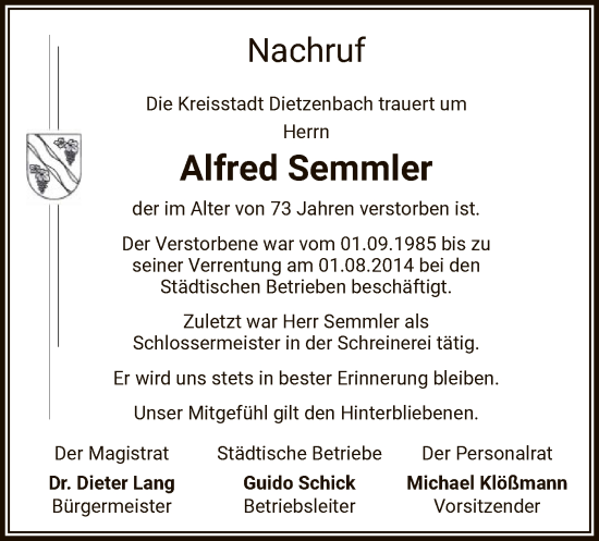 Todesanzeige von Alfred Semmler von OFOF