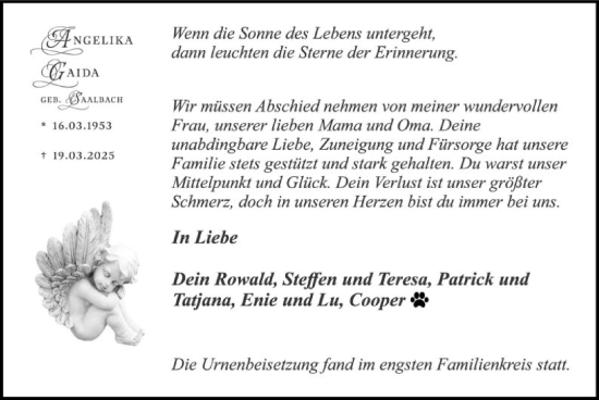 Todesanzeige von Angelika Gaida von OF