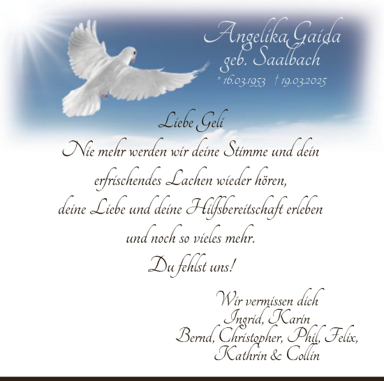 Todesanzeige von Angelika Gaida von OF