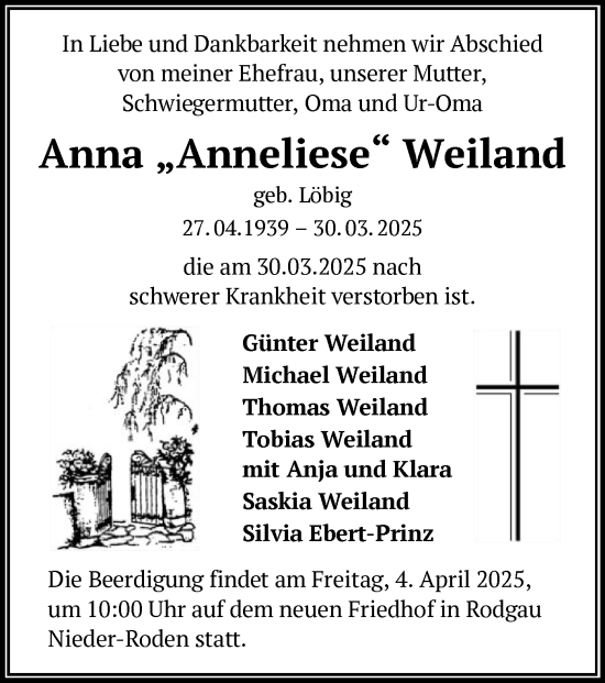 Todesanzeige von Anna Weiland von OF