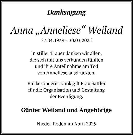 Todesanzeige von Anna Weiland von OF