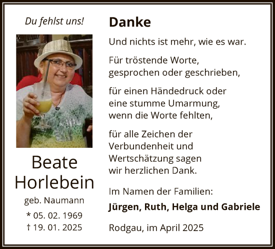 Todesanzeige von Beate Horlebein von OF