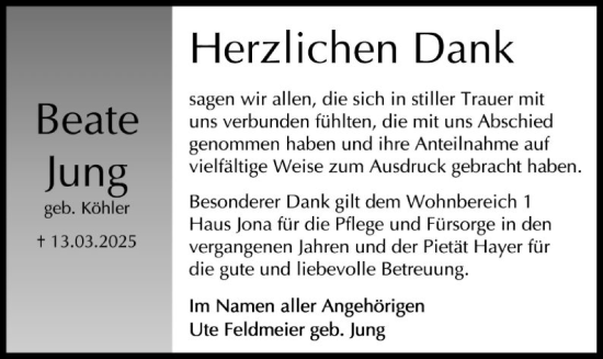 Todesanzeige von Beate Jung von OF