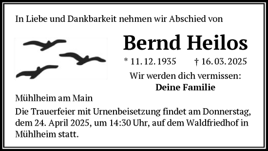 Todesanzeige von Bernd Heilos von OF