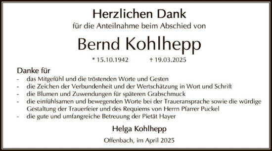 Todesanzeige von Bernd Kohlhepp von OF