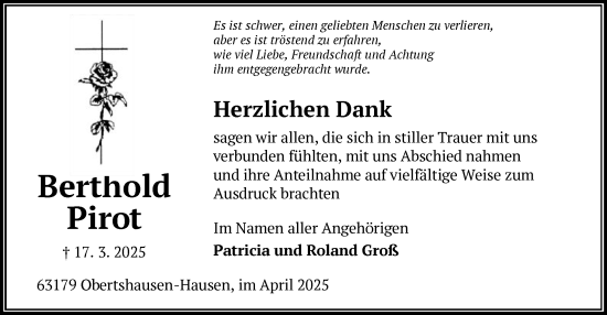 Todesanzeige von Berthold Pirot von OF