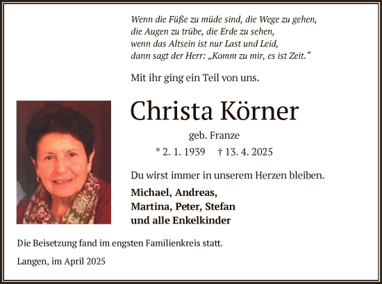 Todesanzeige von Christa Körner von OF