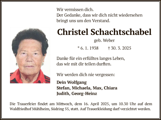 Todesanzeige von Christel Schachtschabel von OF