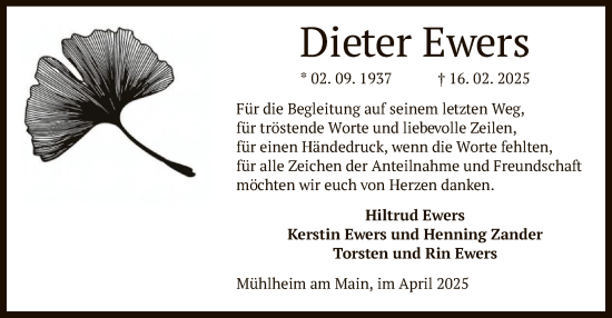 Todesanzeige von Dieter Ewers von OF