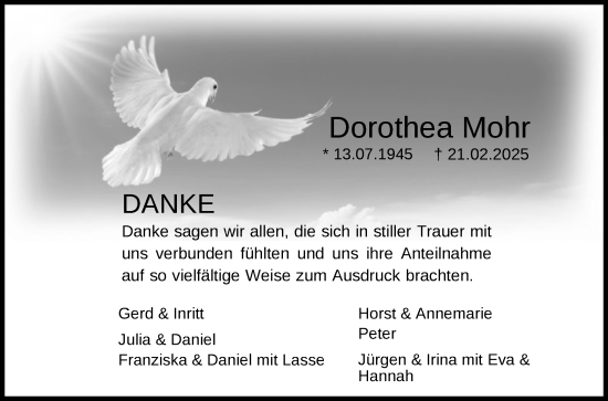 Todesanzeige von Dorothea Mohr von OF