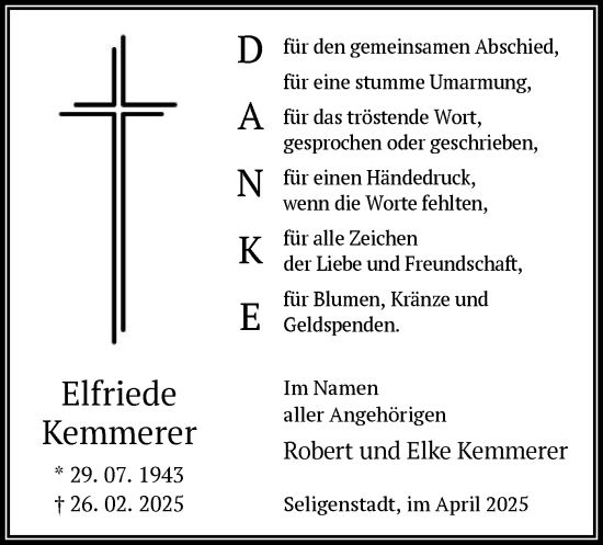 Todesanzeige von Elfriede Kemmerer von OF