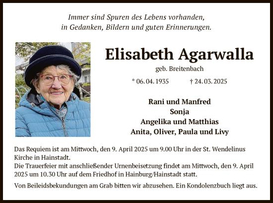 Todesanzeige von Elisabeth Agarwalla von OF