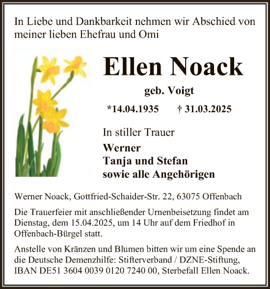 Todesanzeige von Ellen Noack von OF