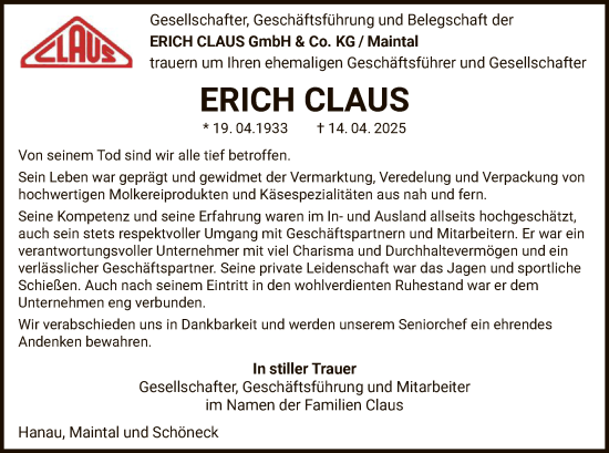 Todesanzeige von Erich Claus von OF