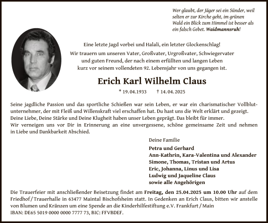 Todesanzeige von Erich Karl Wilhelm Claus von OF