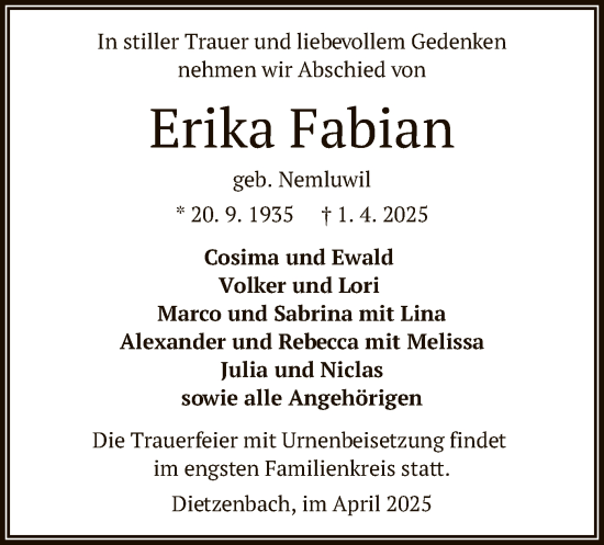 Todesanzeige von Erika Fabian von OF