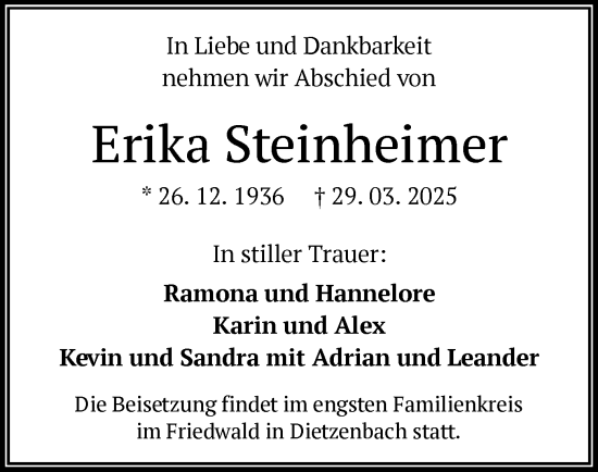 Todesanzeige von Erika Steinheimer von OF