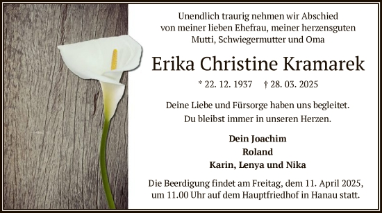 Todesanzeige von Erika Christine Kramarek von OF