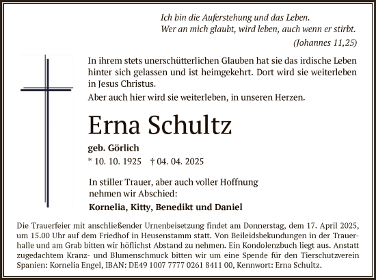 Todesanzeige von Erna Schultz von OF
