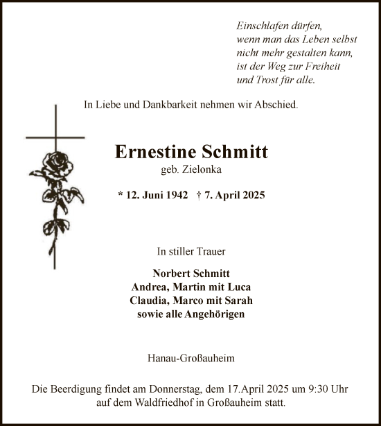 Todesanzeige von Ernestine Schmitt von OF