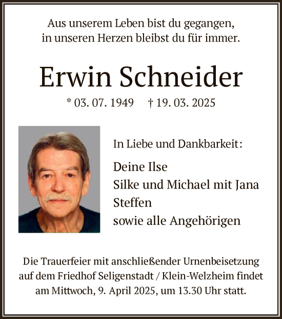 Todesanzeige von Erwin Schneider von OF