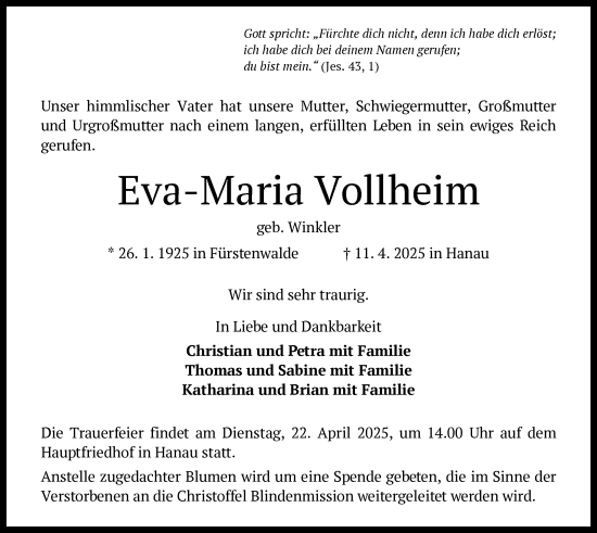 Todesanzeige von Eva-Maria Vollheim von OF