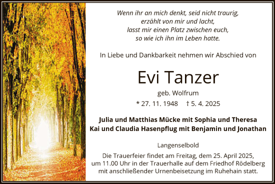 Todesanzeige von Evi Tanzer von OF