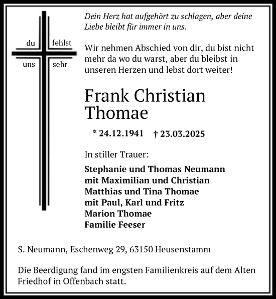 Todesanzeige von Frank Christian Thomae von OF
