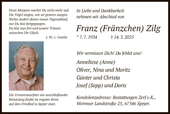 Todesanzeige von Franz Zilg von OF