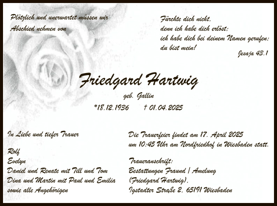Todesanzeige von Friedgard Hartwig von OF