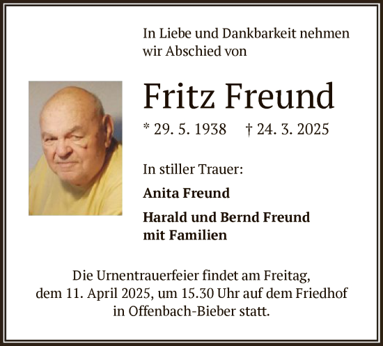 Todesanzeige von Fritz Freund von OF