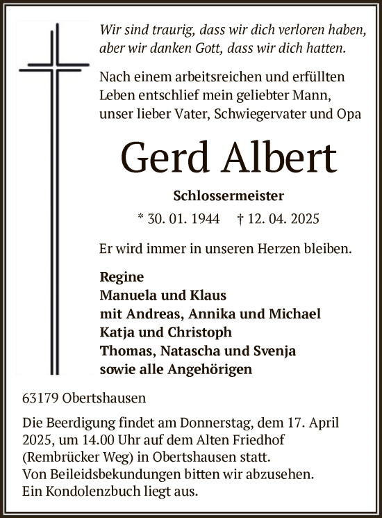 Todesanzeige von Gerd Albert von OF