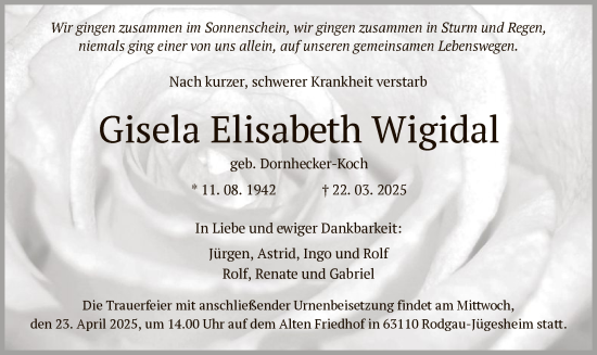 Todesanzeige von Gisela Elisabeth Wigidal von OFOF