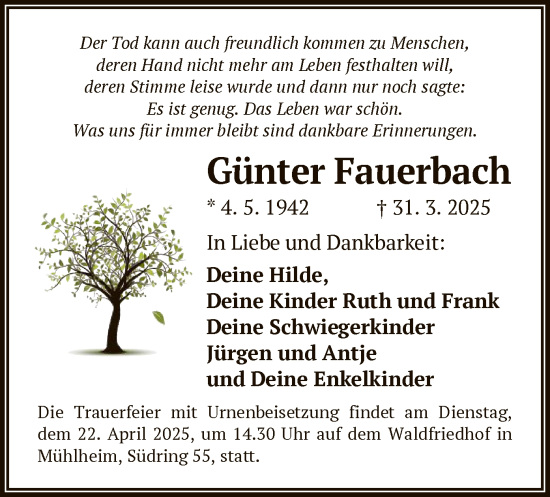 Todesanzeige von Günter Fauerbach von OF