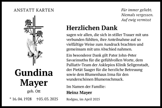 Todesanzeige von Gundina Mayer von OF