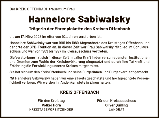Todesanzeige von Hannelore Sabiwalsky von OF