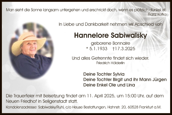 Todesanzeige von Hannelore Sabiwalsky von OF