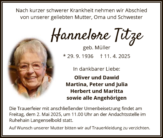 Todesanzeige von Hannelore Titze von OF