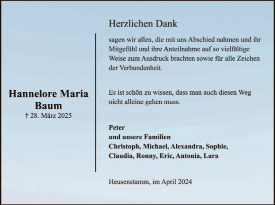 Todesanzeige von Hannelore Maria Baum von OF