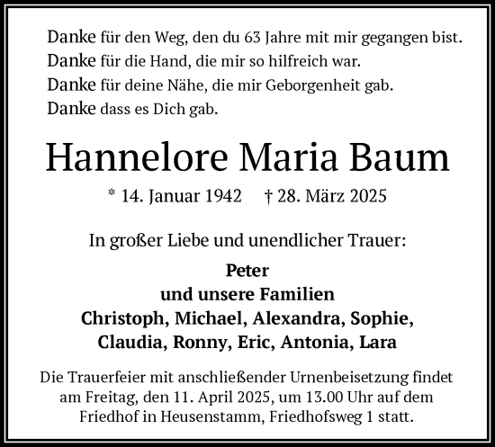 Todesanzeige von Hannelore Maria Baum von OF