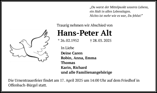 Todesanzeige von Hans-Peter Alt von OF