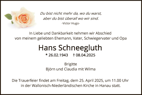 Todesanzeige von Hans Schneegluth von OF
